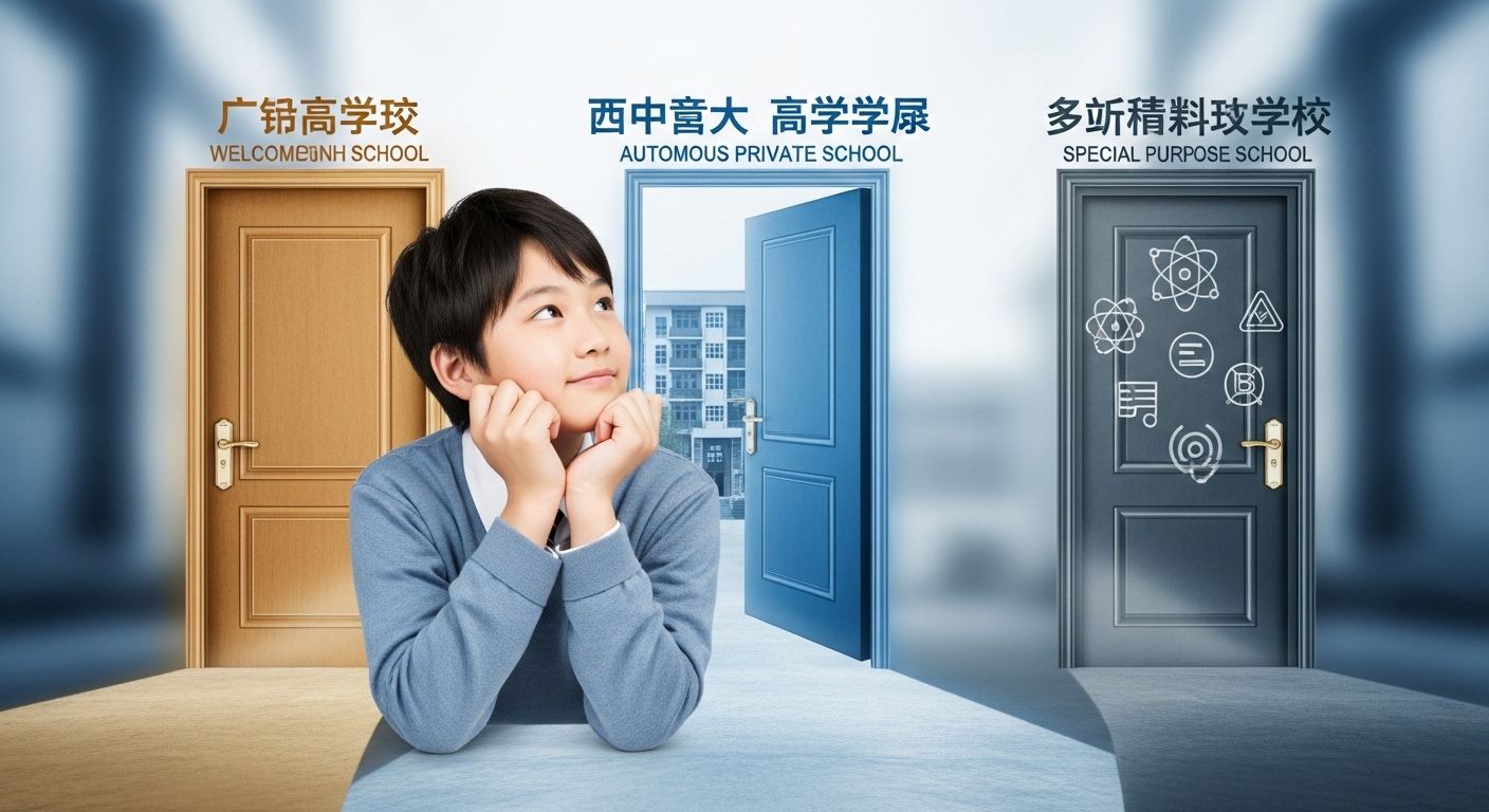 예비 고등학생이 일반고, 자사고, 특목고 세 가지 고등학교 유형을 상징하는 문 앞에서 미래를 고민하며 바라보는 모습