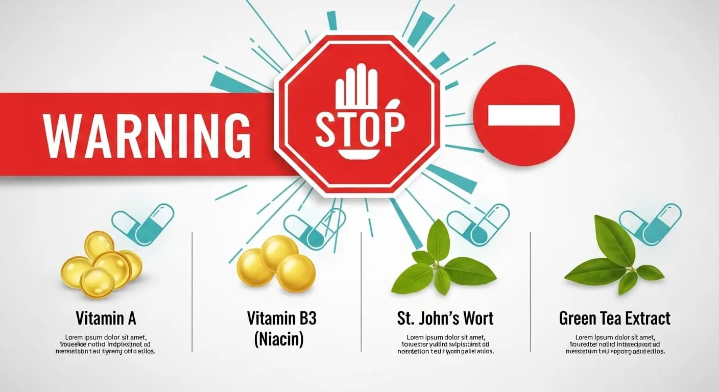 고지혈증 약 복용 시 주의해야 할 비타민 A, B3, 세인트존스워트, 녹차 추출물 성분 경고 이미지