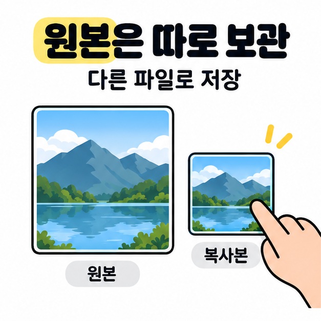 원본은 따로 보관과 다른 파일로 저장이라는 문구 아래 원본과 복사본으로 표시된 크기가 다른 두 풍경 사진 중 작은 복사본을 손가락이 선택하고 있다.