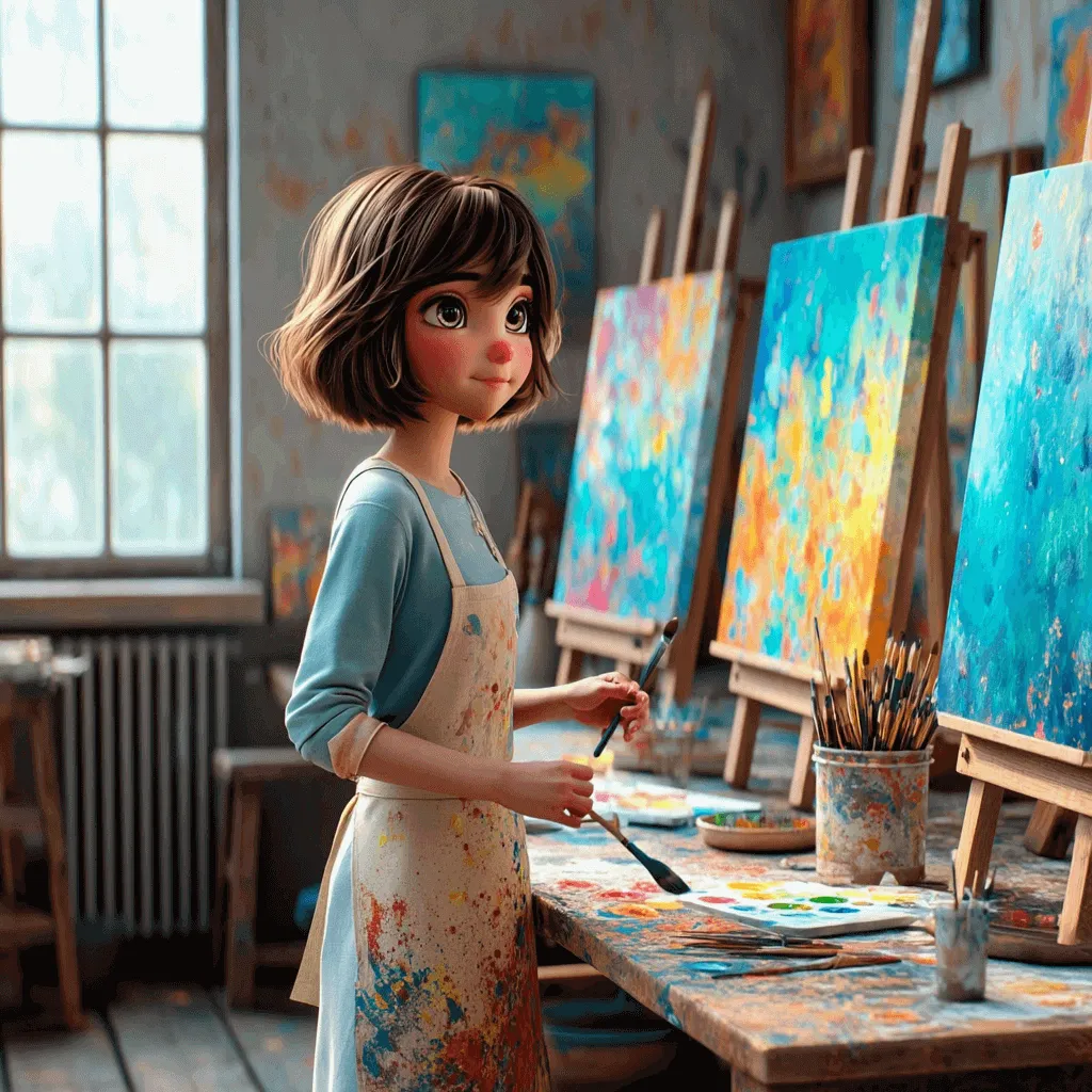 미드저니 옴니로 생성한 카툰 여성의 일관성 있는 얼굴로 화가가 된 모습.