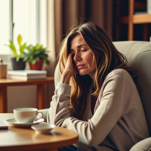 중년 여성이 만성피로증후군으로 의자에 앉아서 졸고 있다.