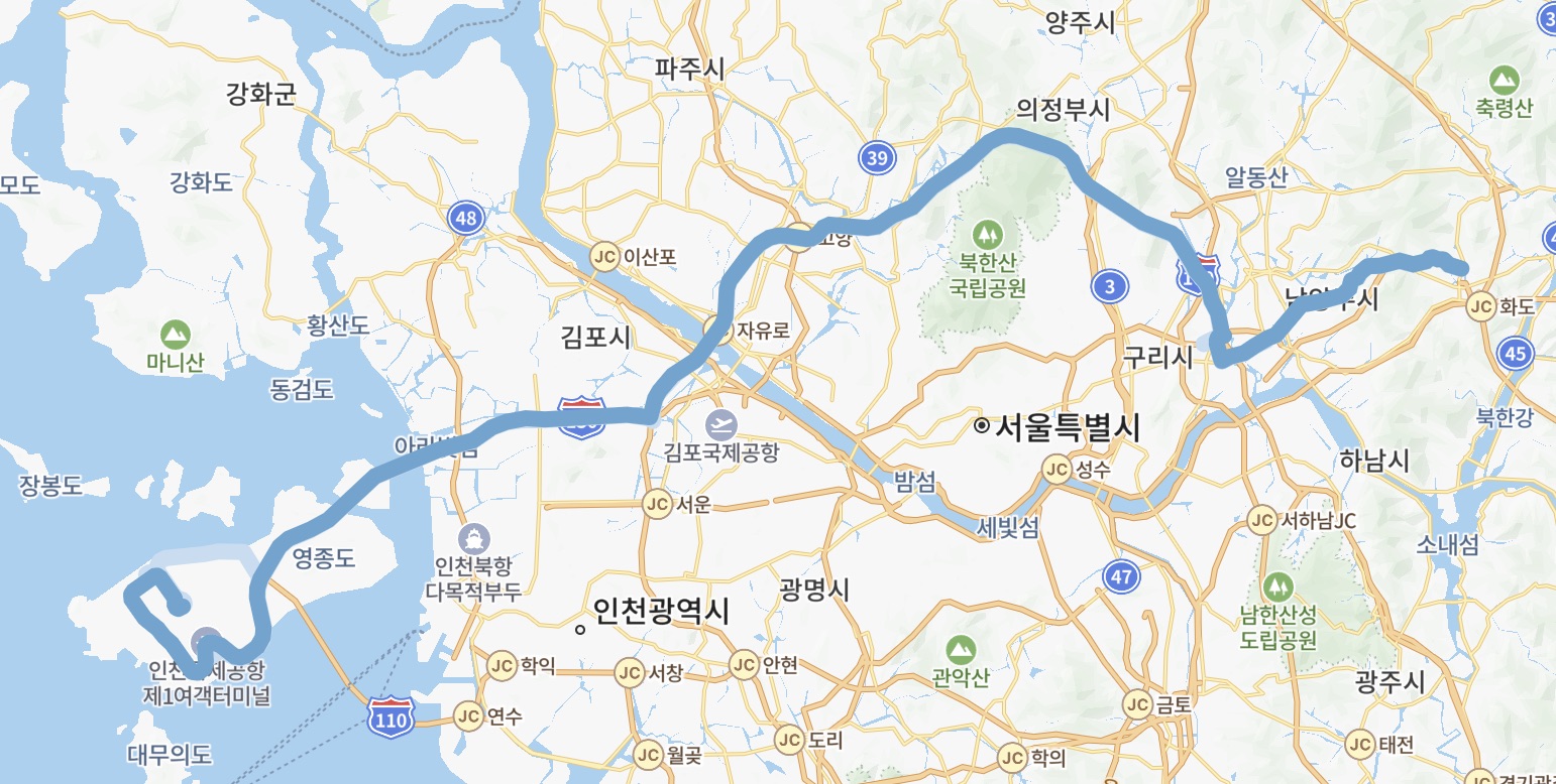 인천공항 N8843 버스 운행지도