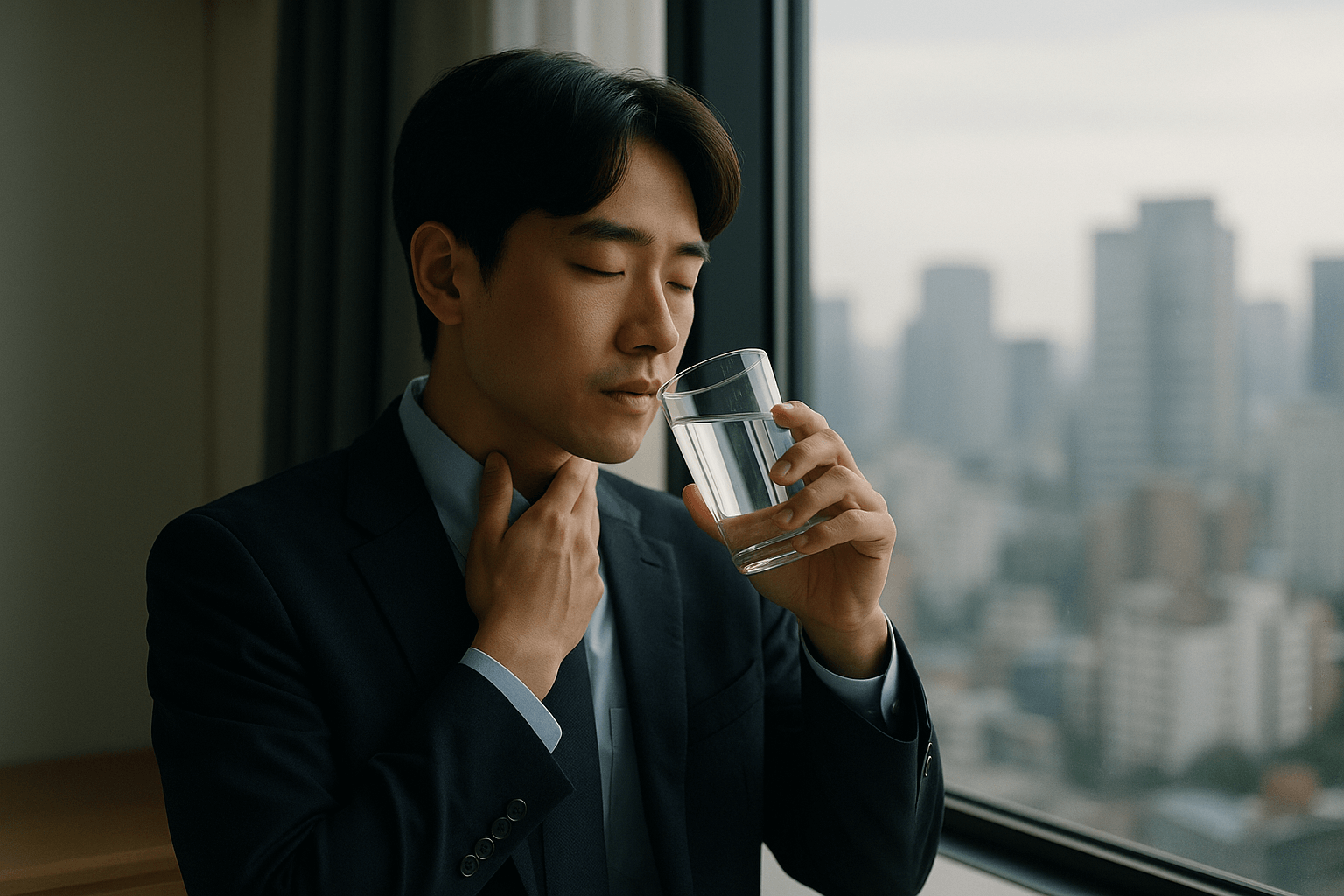 목이 건조한 듯 물을 마시며 창가에 서 있는 한국 직장인의 모습