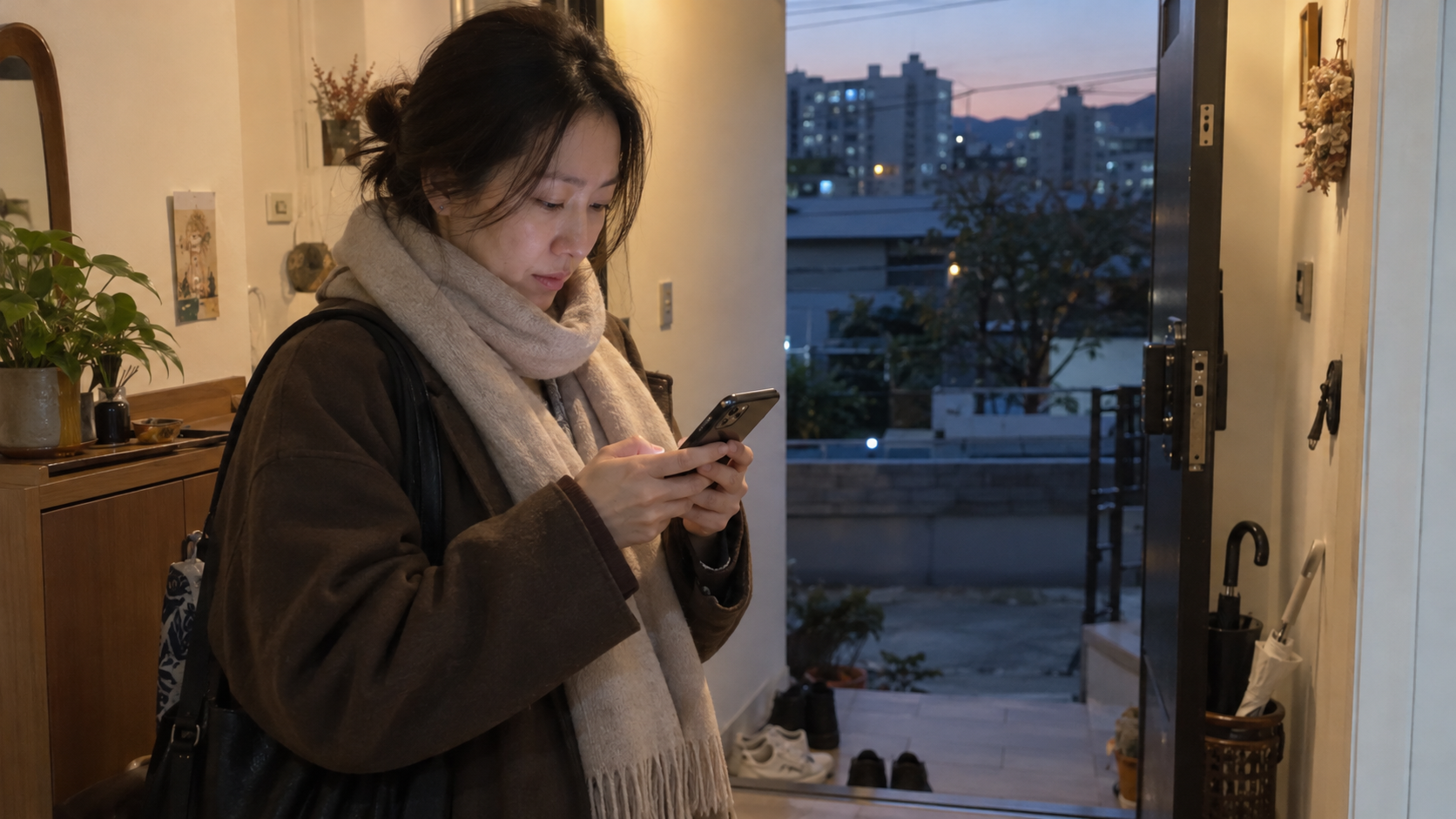귀가 시간을 이야기하며 휴대폰을 확인하는 사람
