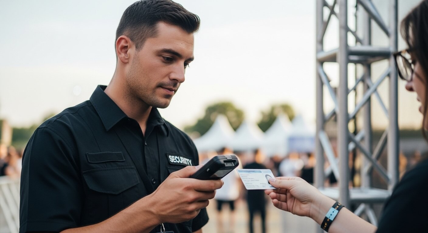 보안요원이 입장객의 신분증과 티켓을 확인하는 모습