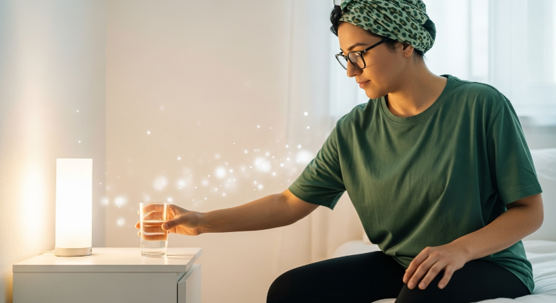 미니멀한 공간에서 매일 물 한 잔을 두는 작은 습관을 실천하는 사람. 작은 행동이 큰 변화로 이어지는 모습을 표현.