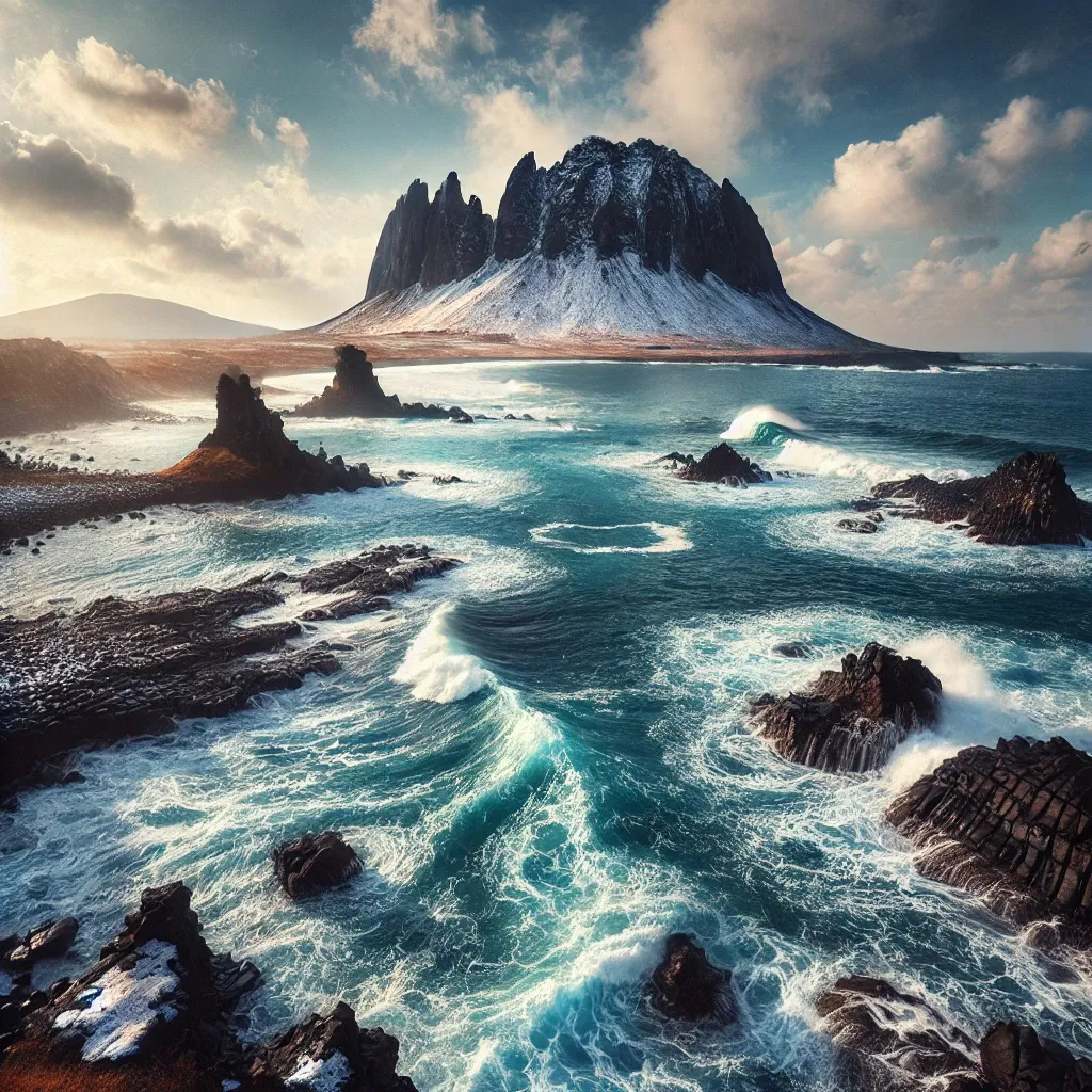 제주도의 겨울 바다와 화산암 해안선을 강조한 풍경