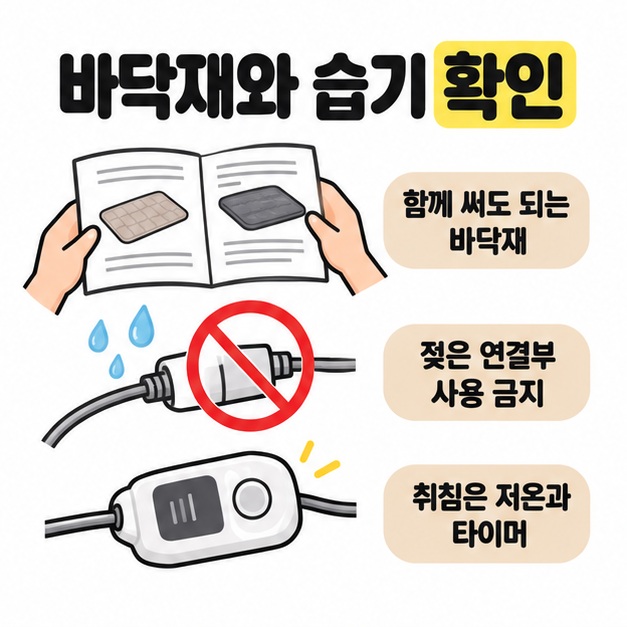 설명서를 펼쳐 보는 손과 젖은 연결부의 금지 표시, 온도조절기 그림으로 바닥재 호환 여부와 습기 및 취침 시 저온과 타이머 확인을 안내하는 카드