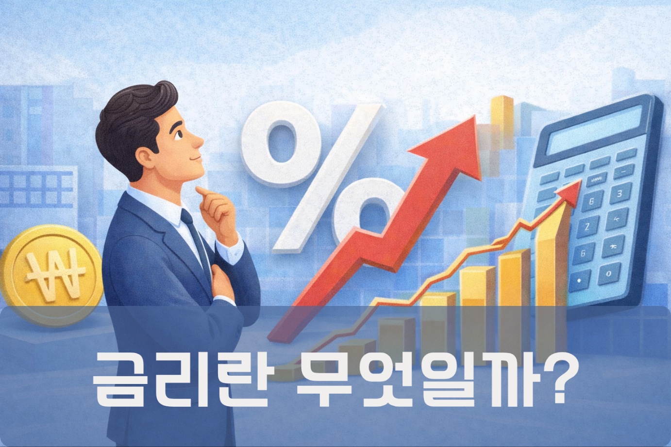 금리 상승을 나타내는 그래프와 계산기를 보며 금리 변화를 고민하는 인물 일러스트로, 금리가 이자 부담에 영향을 준다는 의미를 표현한 이미지