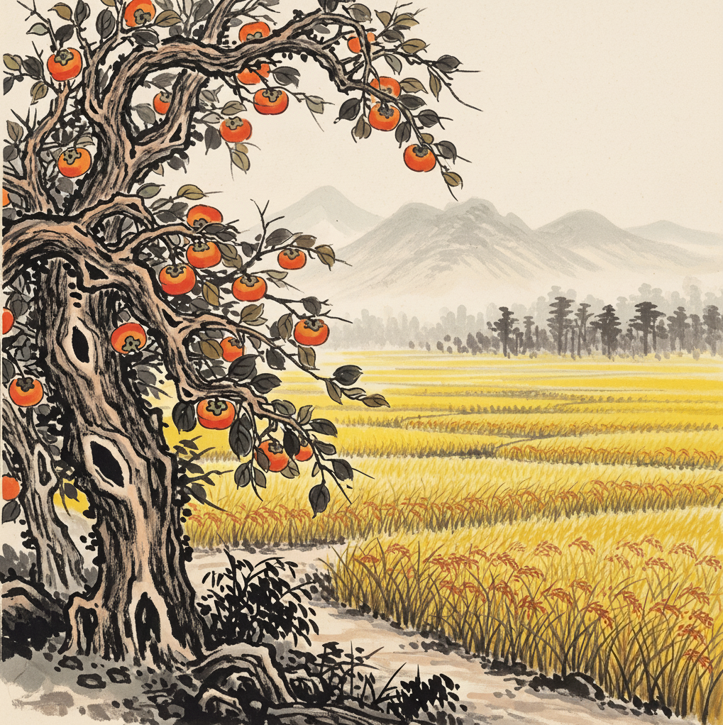 황금빛으로 물든 가을 들판과 홍시