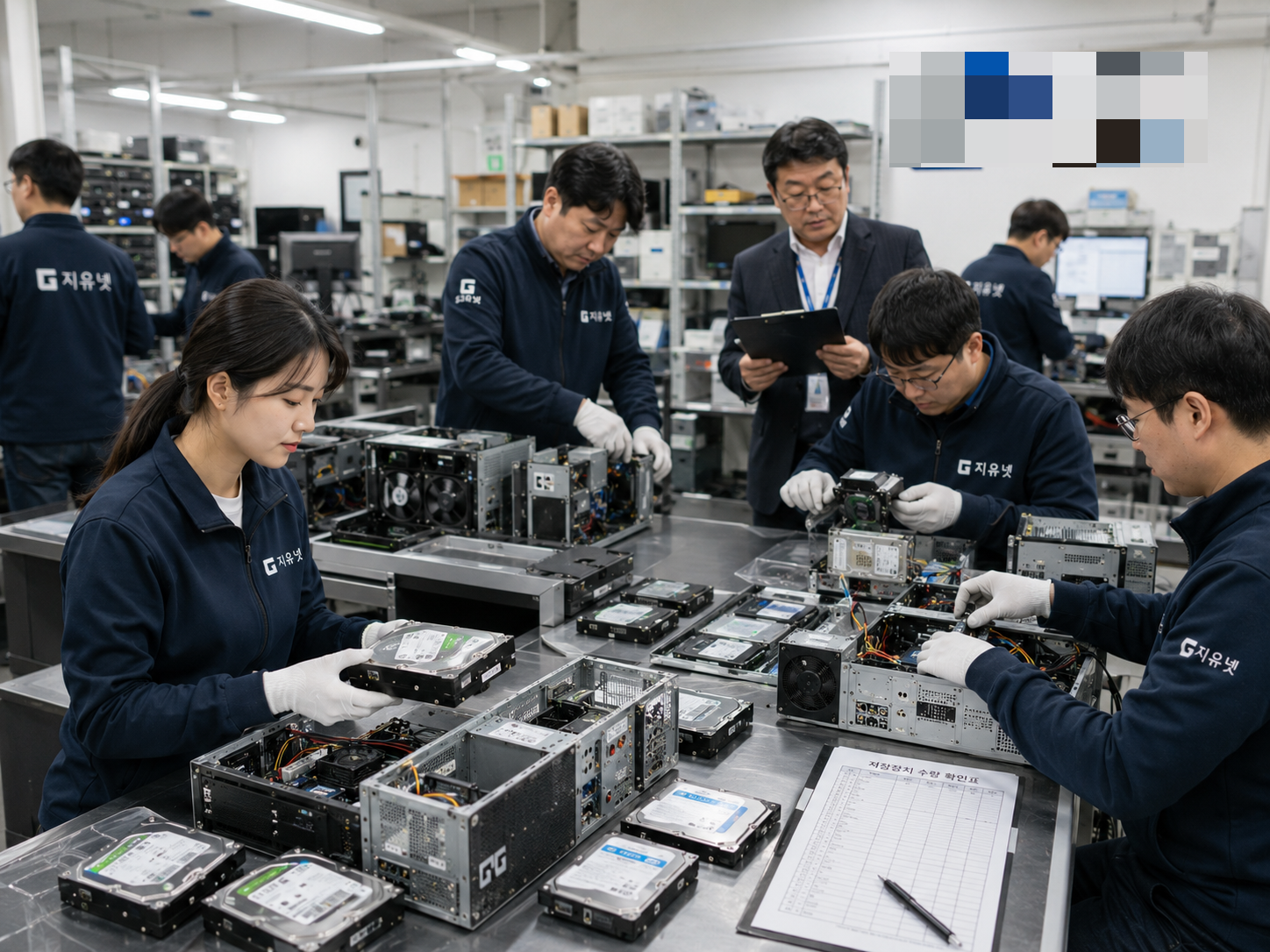 연구자료 백업 확인 후 데이터파기 대상 HDD와 SSD를 연구 담당자와 함께 검토하는 장면