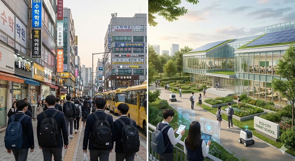 명지국제신도시의 밀집된 학원가와 에코델타시티의 스마트 학교 전경 비교 일러스트