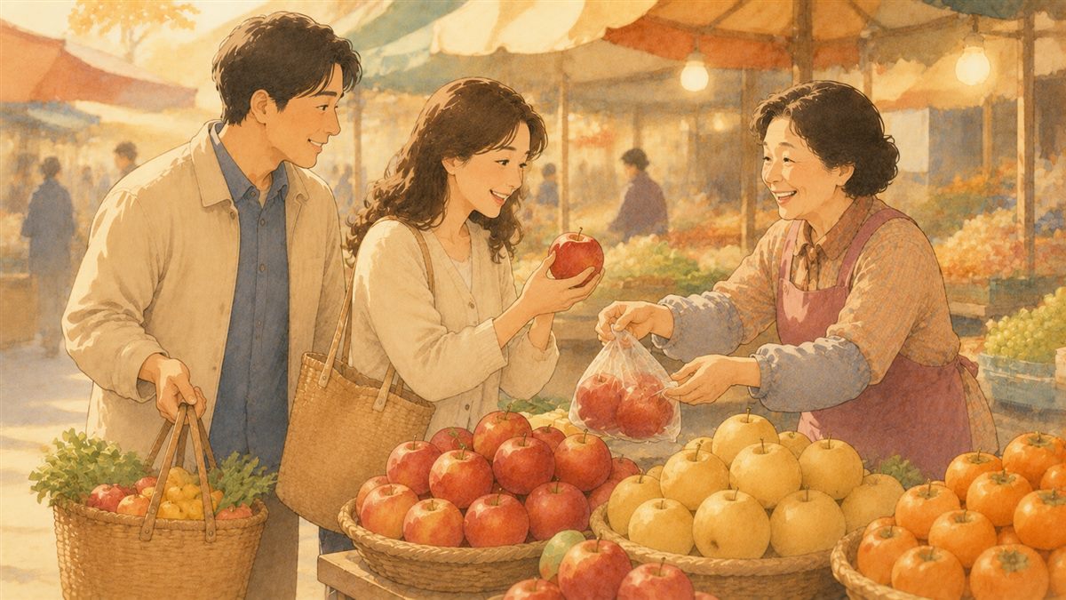 전통시장에서 부부가 차례상 과일을 고르고 상인이 덤을 얹어주는 일러스트