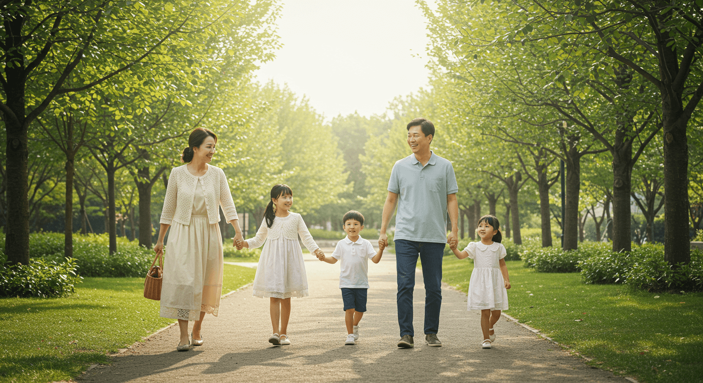 건강검진을 통해 안심하며 아이와 함께 걷는 행복한 가족 모습 2