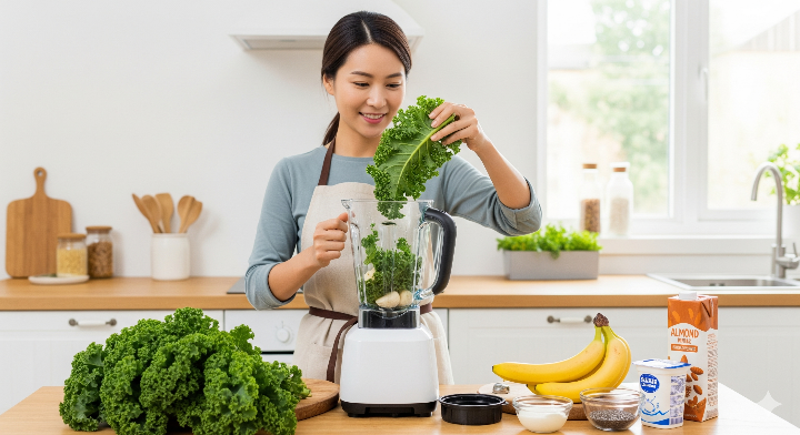 주부가 신선한 컬리 케일 스무디를 만들고 있는 이미지