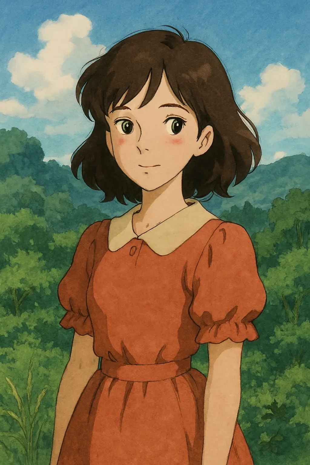 지브리 스타일의 소녀가 꽃밭에 서 있는 모습