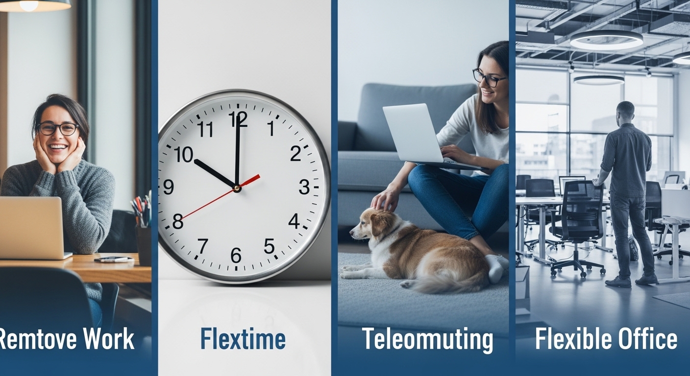 시차출퇴근, 선택근무, 재택근무, 원격근무 등 다양한 유연근무 유형을 보여주는 그림. 각 근무 방식의 장점을 시각적으로 표현합니다.