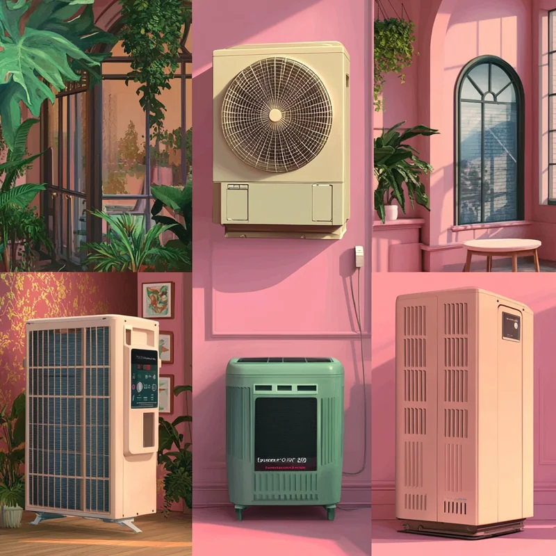 국제적인 건축 트렌드에 맞춰 다양한 에너지 효율적인 에어컨 모델들의 특징을 비교하고 있습니다.