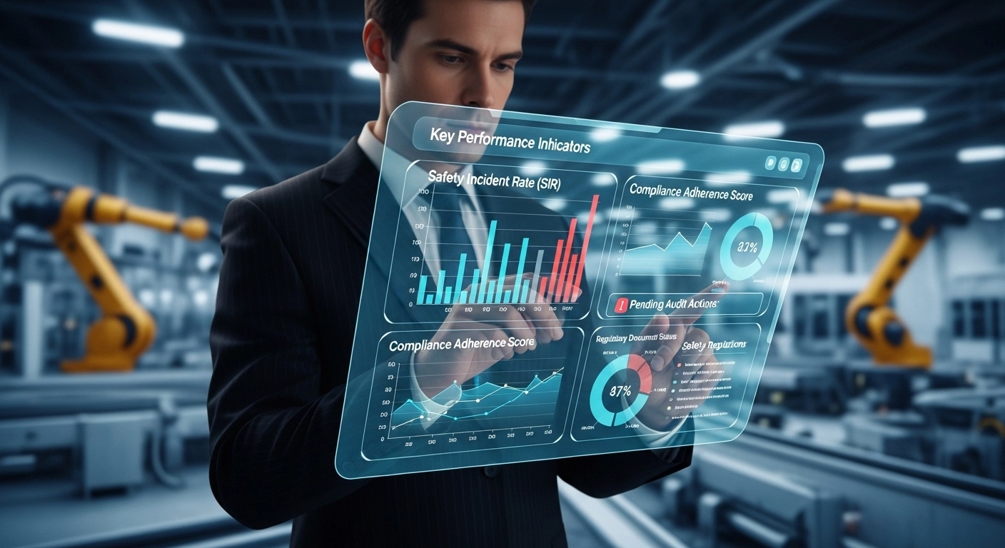 경영진이 디지털 대시보드를 통해 2026년 개정 위험성평가 법규 준수 현황과 사업장 안전 지표를 분석하는 모습.
