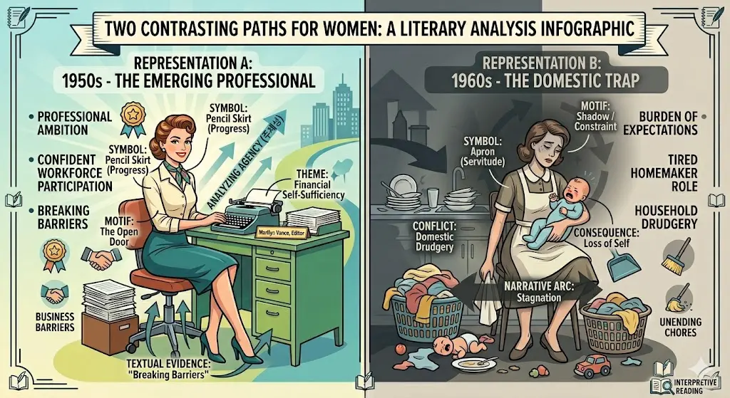 1950년대 진취적인 커리어 우먼과 1960년대 체념한 가정주부의 상반된 뒷모습을 갈라진 두 개의 길로 표현한 인포그래픽 포스터