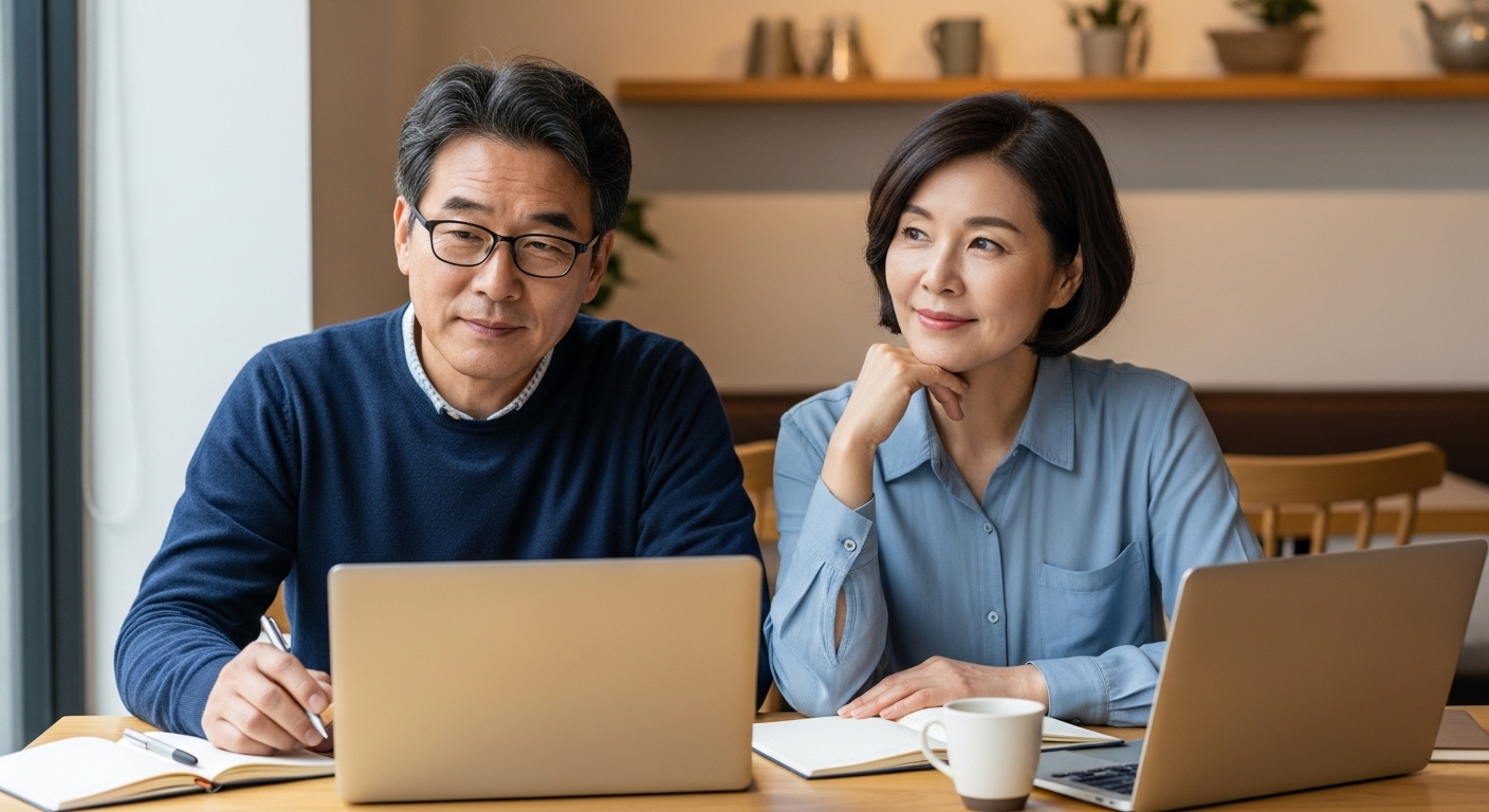 카페에서 노트북으로 작업 중인 중년 커플