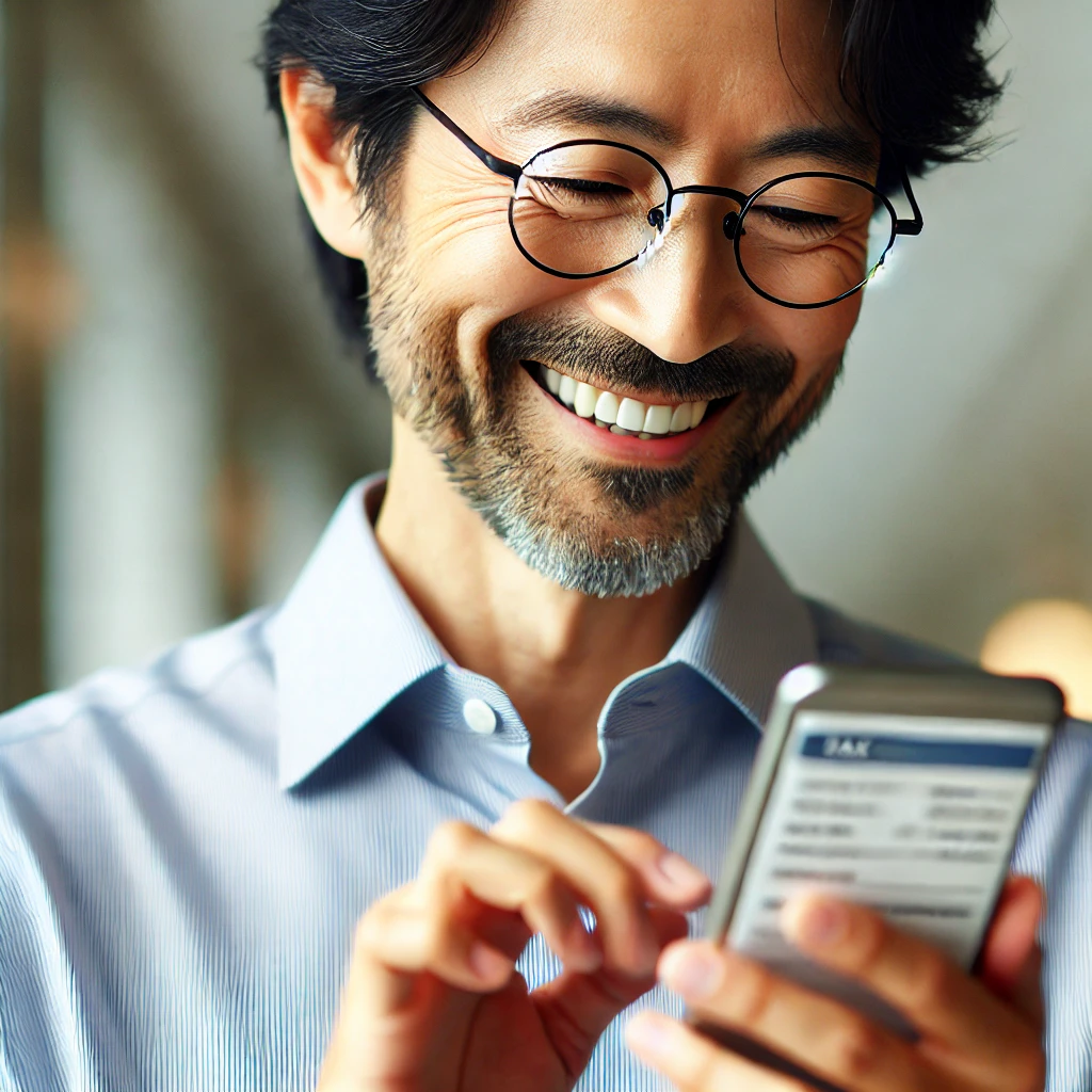 스마트폰을 보며 환하게 웃는 안경 쓴 40대 한국 남성