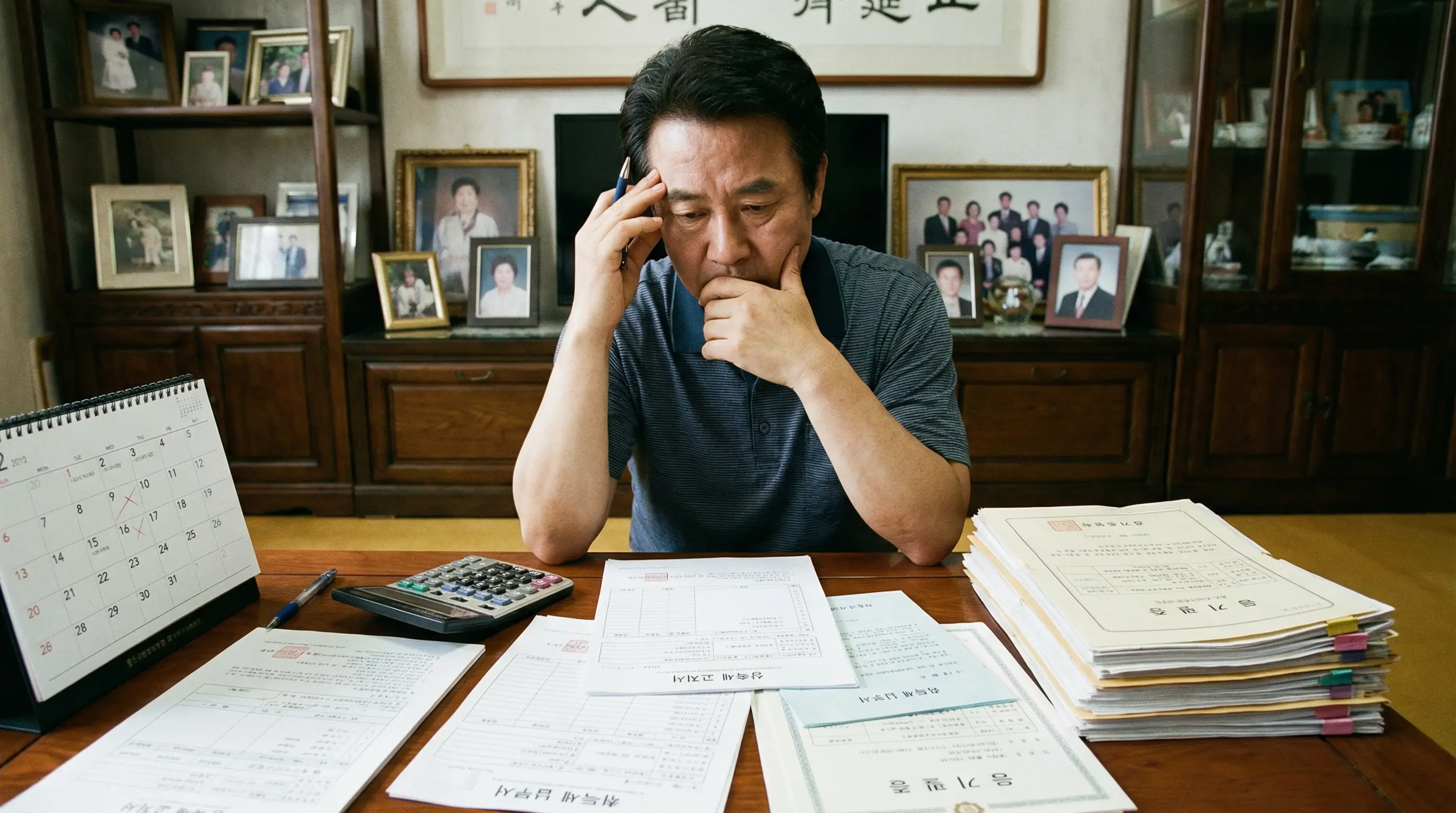 상속받은 주택 서류와 세금 고지서를 보며 매도 순서를 고민하는 상속인의 모습