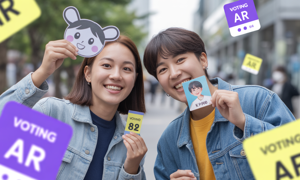 MZ세대가 개성 있는 투표 인증 용지와 아이돌 포토카드를 들고 투표소 앞에서 웃으며 인증샷을 찍는 모습.