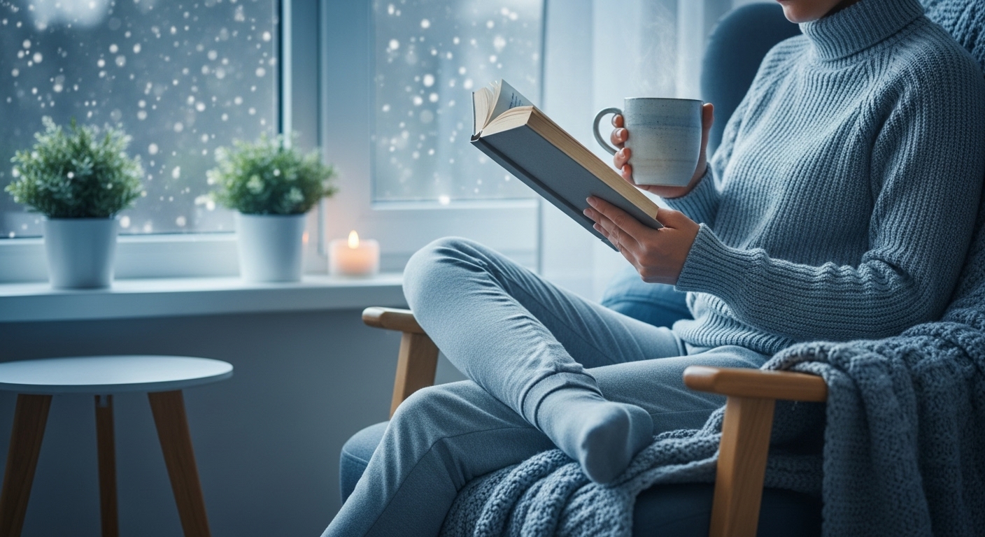 따뜻한 실내에서 건강한 차를 마시며 휴식하는 사람의 모습, 겨울철 면역력 관리와 연말 건강 습관을 상징합니다.