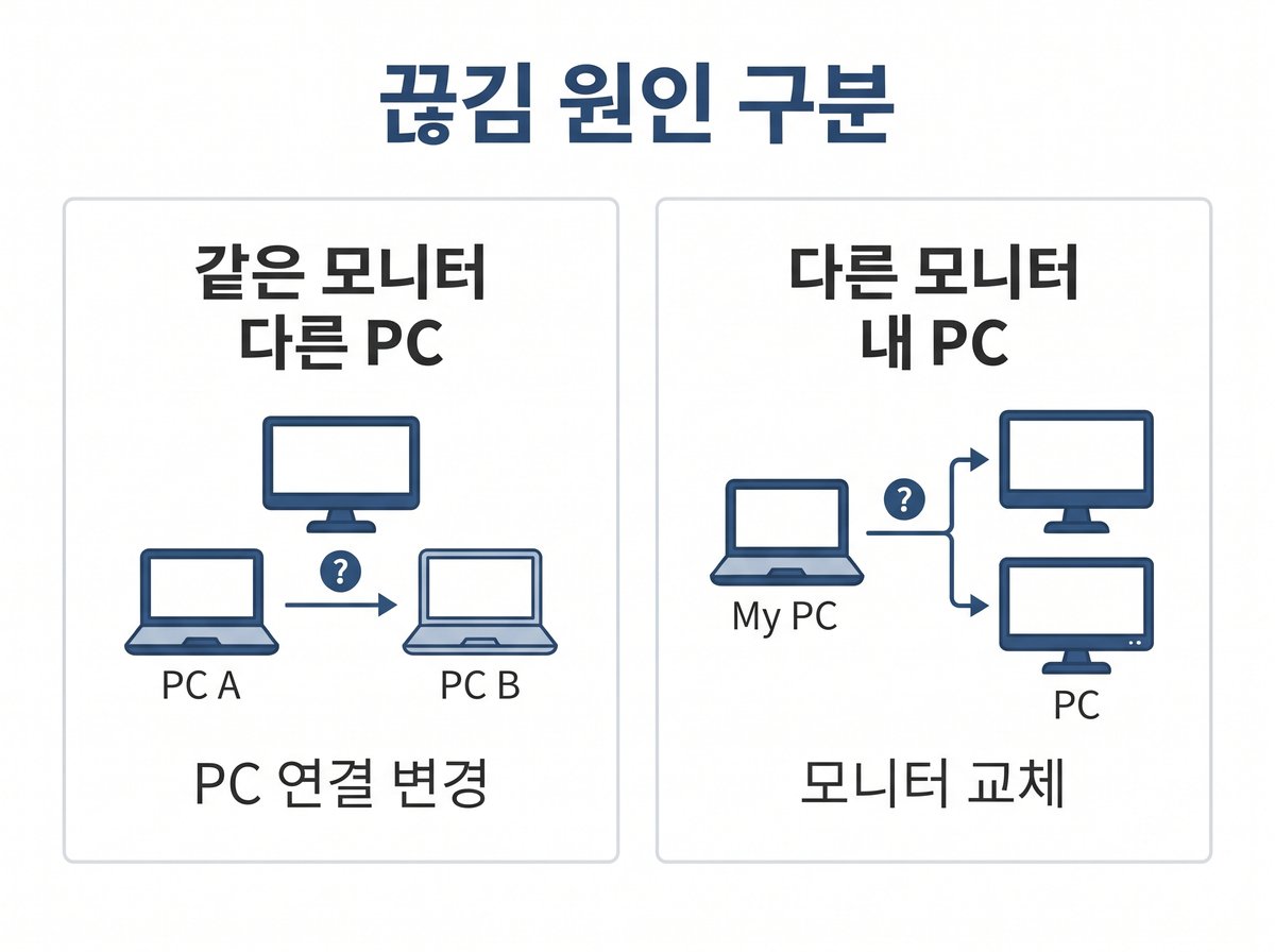 끊김 원인 구분, 같은 모니터 다른 PC, 다른 모니터 내 PC