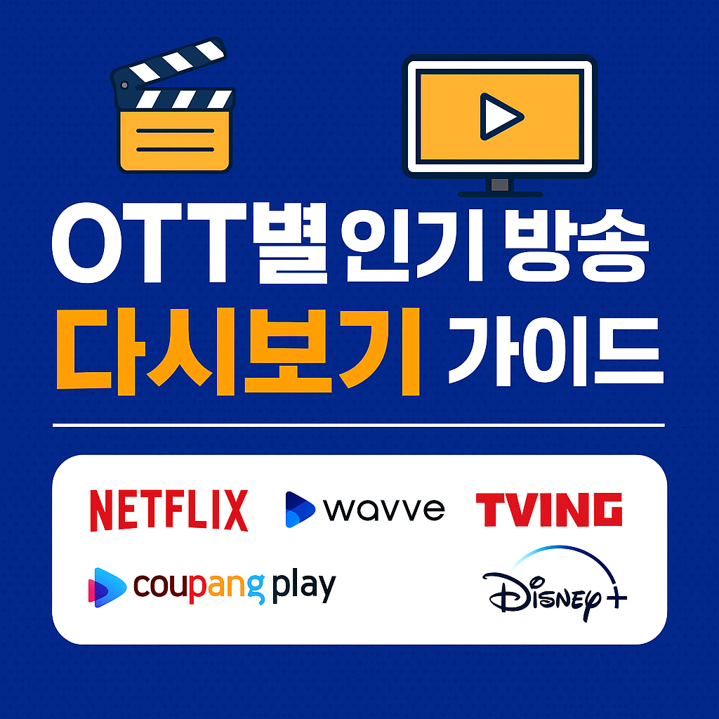 OTT별 인기 방송 다시보기 가이드 - 넷플릭스, 웨이브, 티빙, 쿠팡플레이, 디즈니플러스 로고와 함께한 스트리밍 서비스 안내 이미지