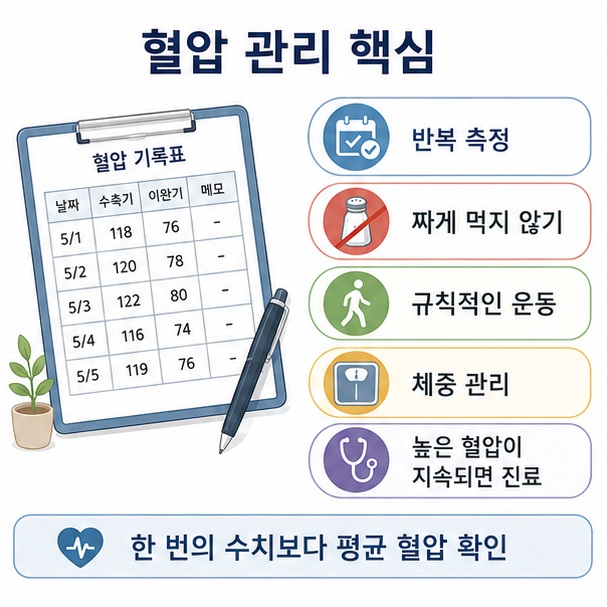 혈압이 정상보다 높을 때 반복 측정하면서 짠 음식을 줄이고 운동과 체중 관리, 금연 등 생활습관을 관리하는 모습을 보여 주는 그림
