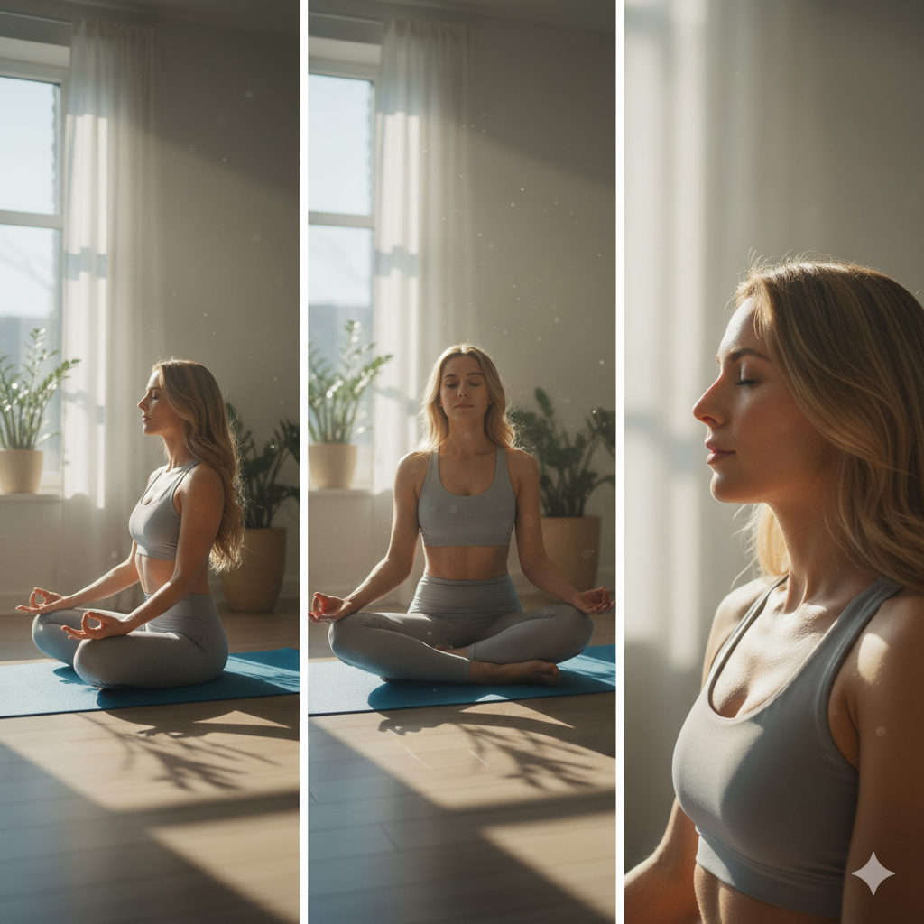 아침 햇살 아래 요가 매트 위에서 스트레칭과 명상을 하는 여성의 평온한 모습(이미지 생성:google)