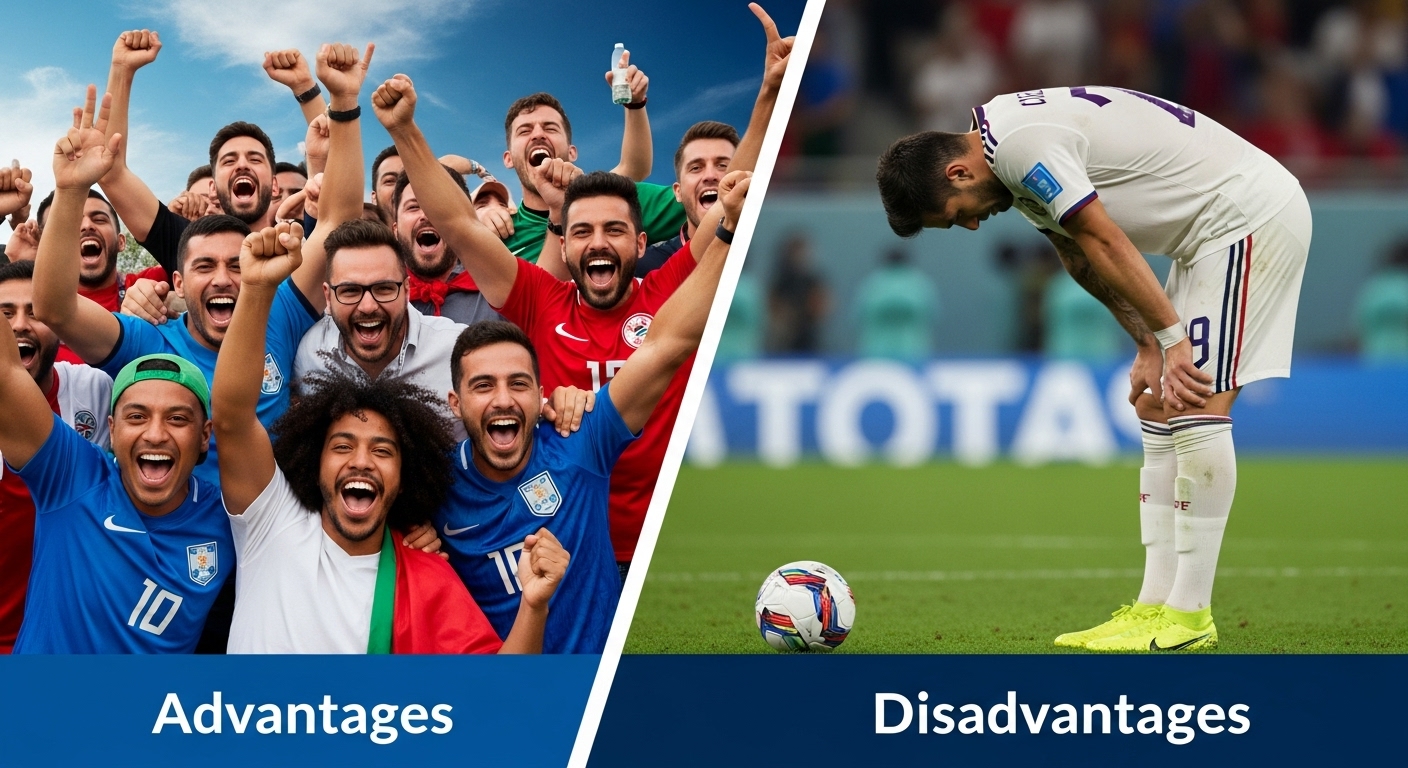 48개국 월드컵의 장점(다양한 팬들의 환호)과 단점(선수들의 피로)을 대조적으로 보여주는 이미지.