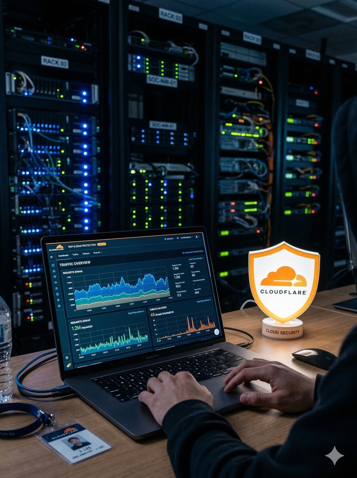 노트북 화면에 띄워진 트래픽 차트와 그 옆에 놓인 방패 모양의 클라우드플레어 로고 개념도, 그리고 서버 랙이 배경에 깔린 IT 보안 이미지