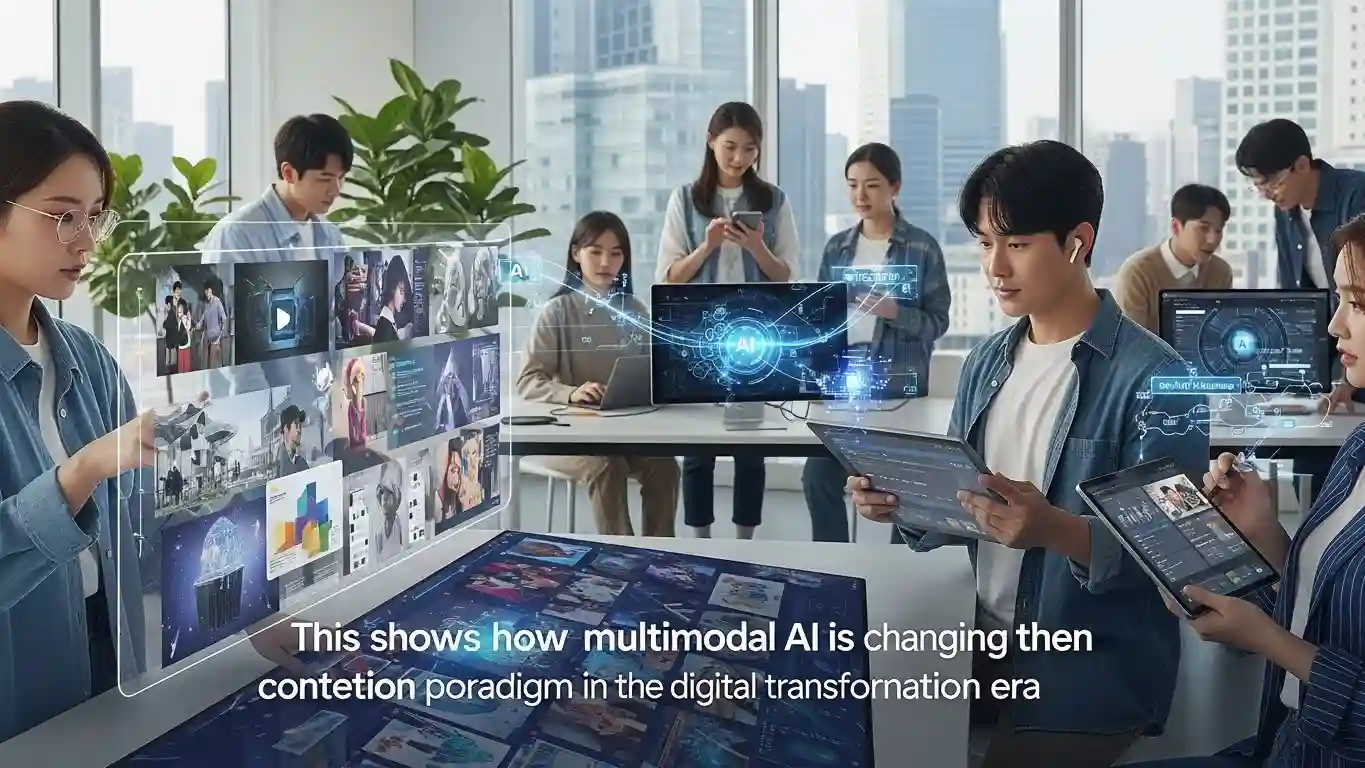 <img src="multimodal_ai_transforming_content_creation_paradigm.webp" alt="멀티모달 AI가 디지털 대전환 시대 콘텐츠 생성 패러다임을 바꾸는 과정을 표현한 이미지 입니다">
