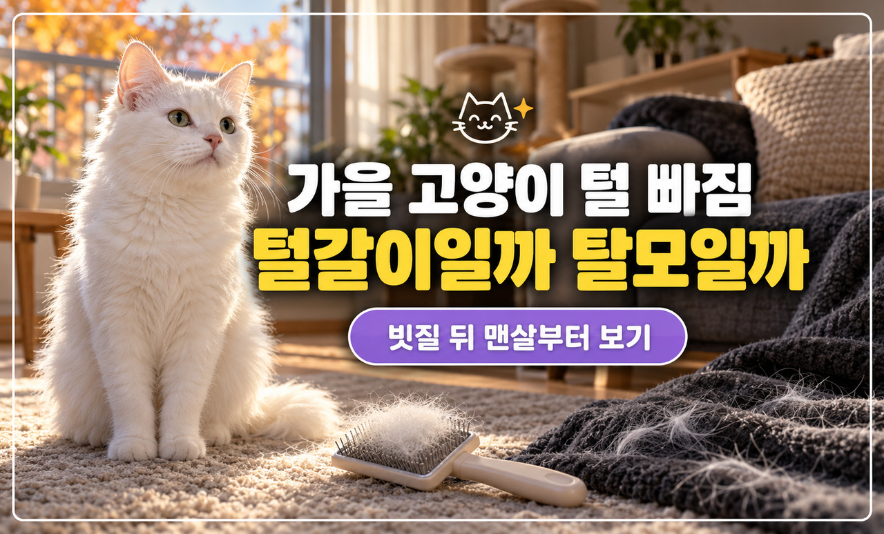 가을 햇살 드는 거실에서 흰 털이 수북한 빗 옆에 앉은 흰 고양이