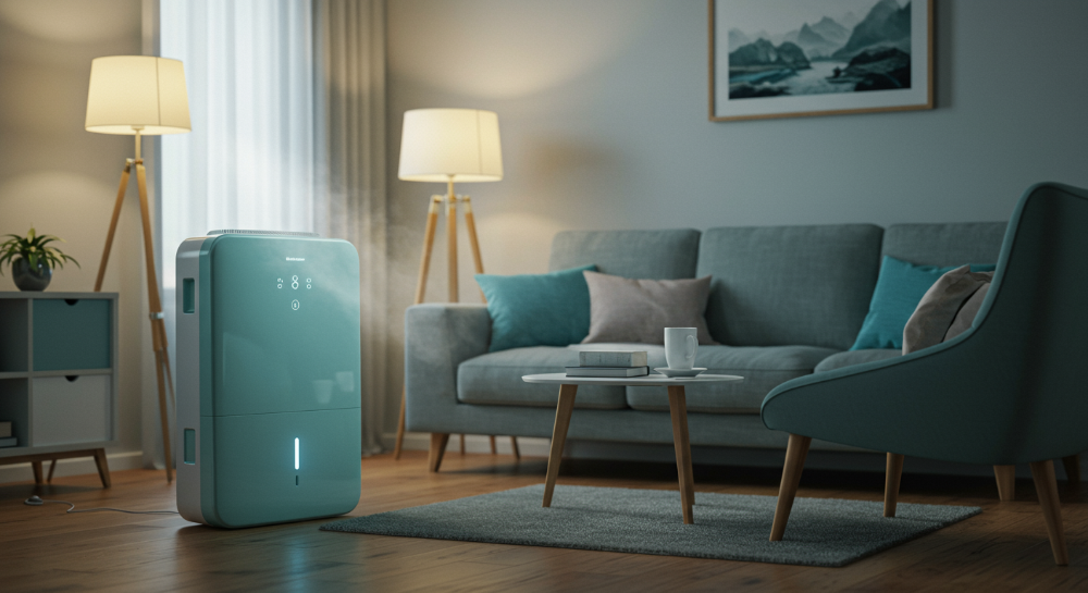 고요하고 쾌적한 거실에 놓인 저소음 제습기.