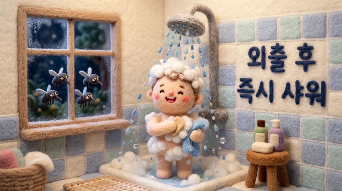 샤워하기, 밝은옷, 향수자제, 천연기피제, 물웅덩이제거 항목이 체크된 펠트 보드를 자랑스럽게 들고 있는 캐릭터, 패배한 모기들과 '모기 방어 체크리스트 완성' 배너, 니들 펠트 스타일