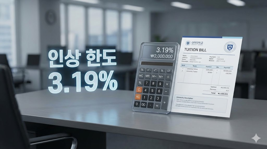 대학 등록금 고지서와 계산기를 형상화한 비즈니스 3D 렌더링 이미지