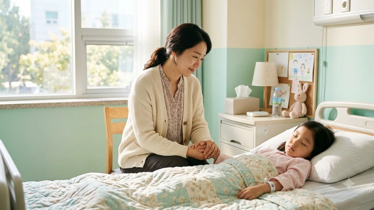 한국인 엄마가 병실 침대 옆에 앉아 아이의 손을 잡고 있는 모습