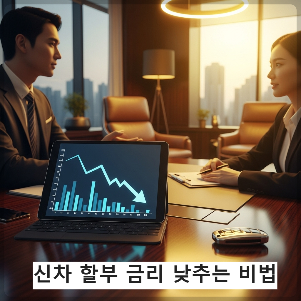 현대적인 은행 상담실 배경에서 세련된 정장을 입은 신뢰감 있는 상담사가 태블릿 PC를 통해 금리가 낮아지는 그래프를 보여주며 웃고 있고, 고객의 앞에는 멋진 신차 열쇠가 놓여 있는 풍요로운 분위기