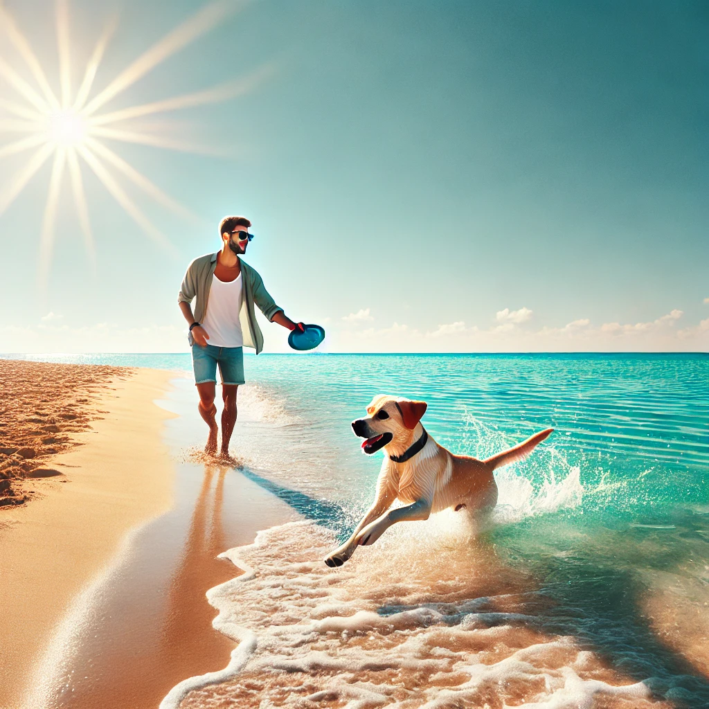 여름 바닷가에서 래브라도와 주인이 프리스비 놀이