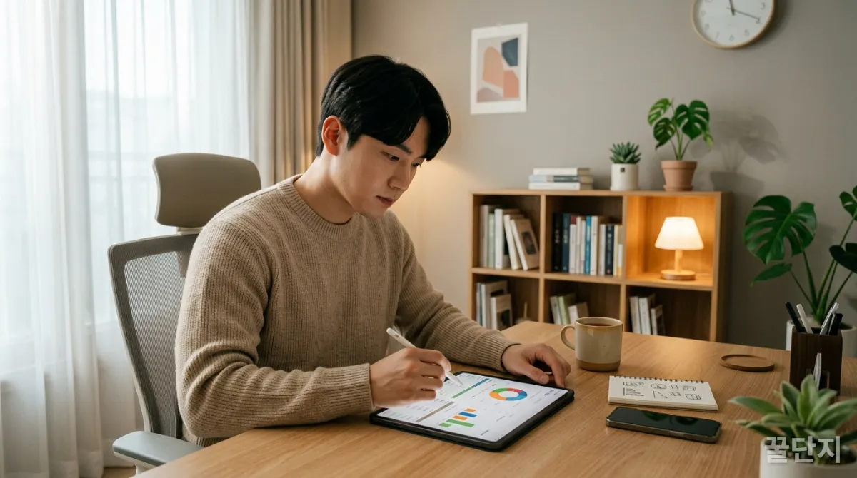 한국인이 태블릿으로 월별 예산과 소비 패턴을 꼼꼼히 분석하는 모습