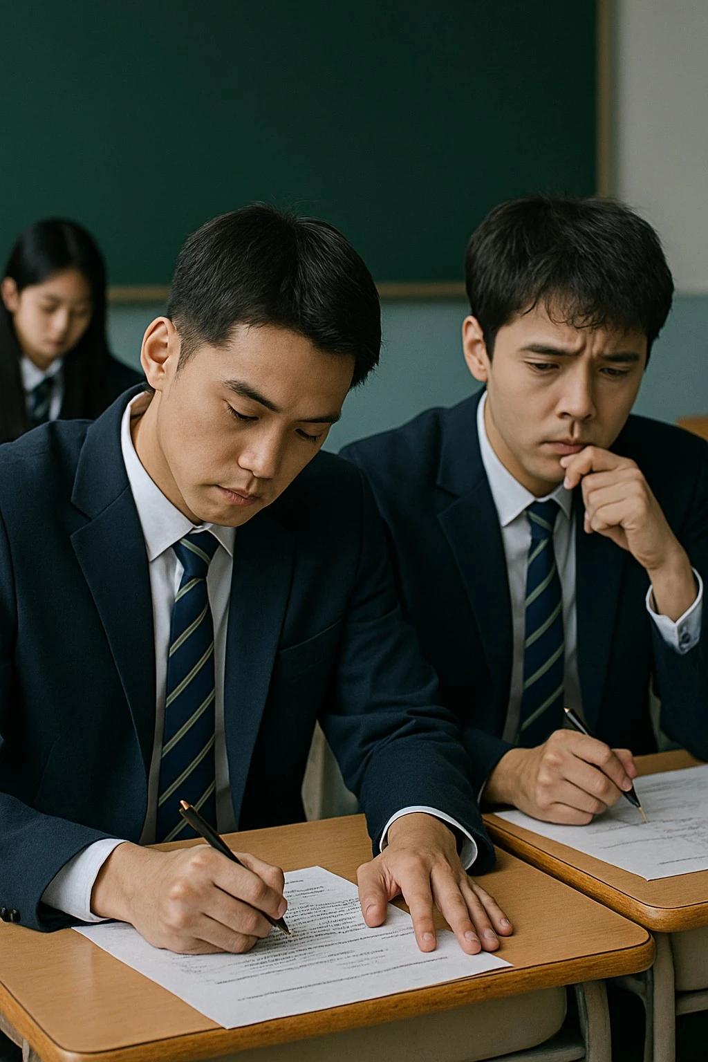 문제를 쭉쭉 푸는 학생과 고민만 하고 있는 학생의 대비되는 모습