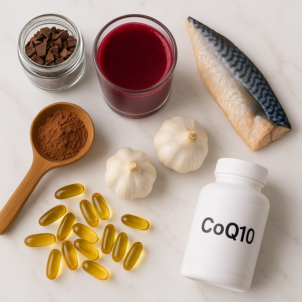 코코아·다크초콜릿·비트주스·고등어·마늘·오메가3·CoQ10이 펼쳐진 상단 샷