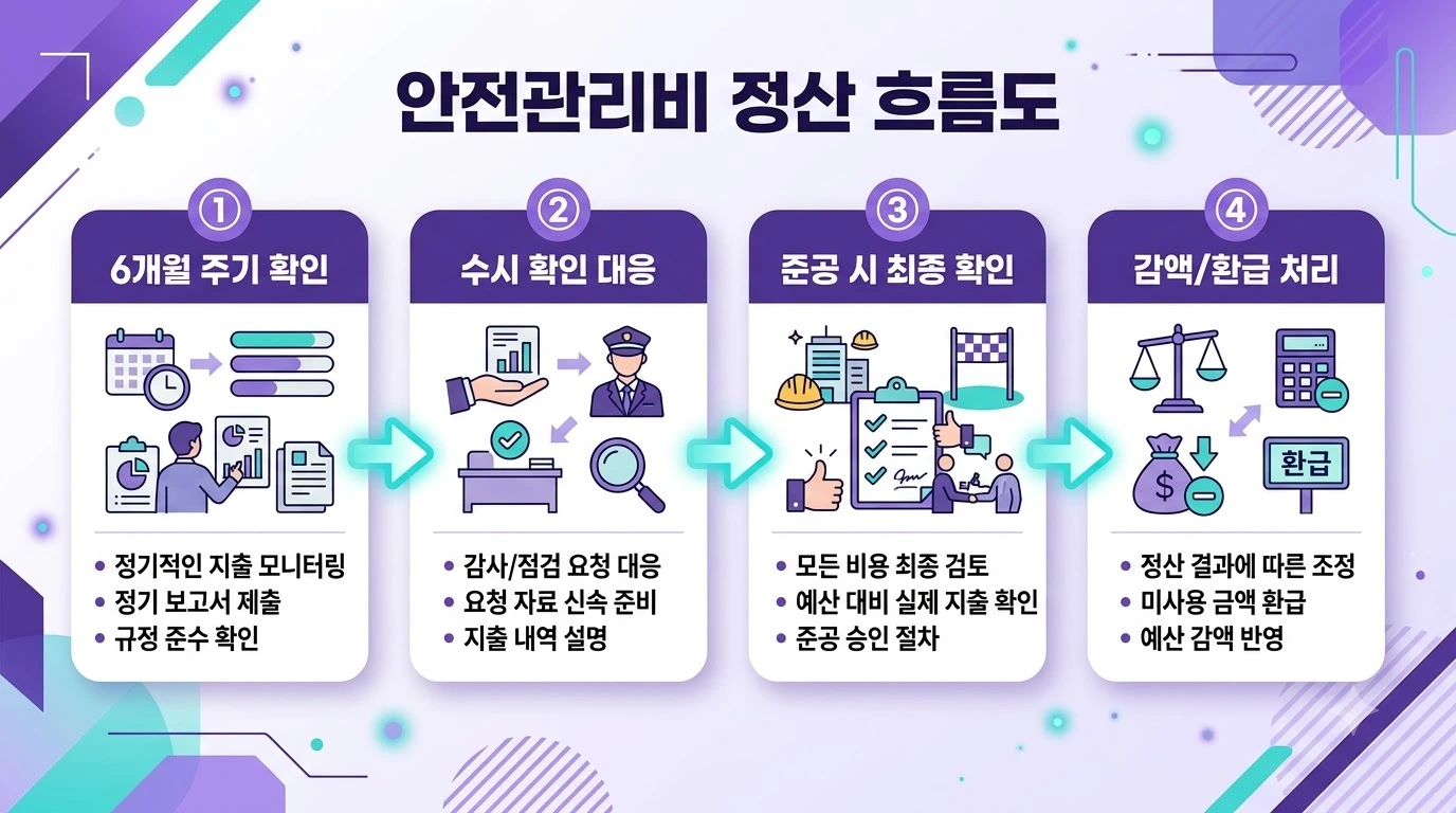 안전관리비 정산 흐름 4단계를 보여주는 프로세스 인포그래픽
