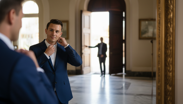 거울을 보며 자신감 있는 표정을 짓는 사람과 문을 열어주는 매너 있는 모습, 첫 데이트 매너와 자신감
