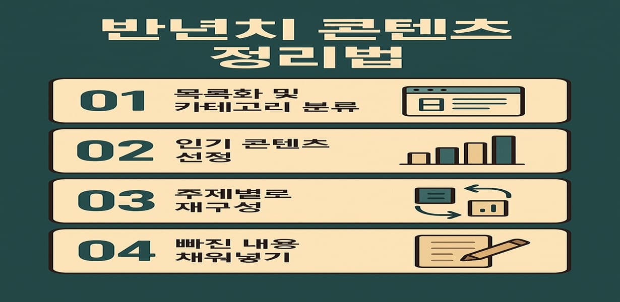 반년치 콘텐츠 정리 방법을 단계별로 설명한 인포그래픽 이미지