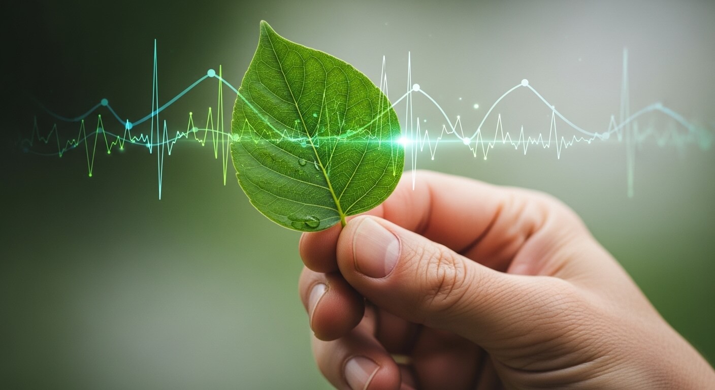 음식 섭취 후 혈당 변화와 신체 반응의 균형을 상징적으로 표현한 이미지